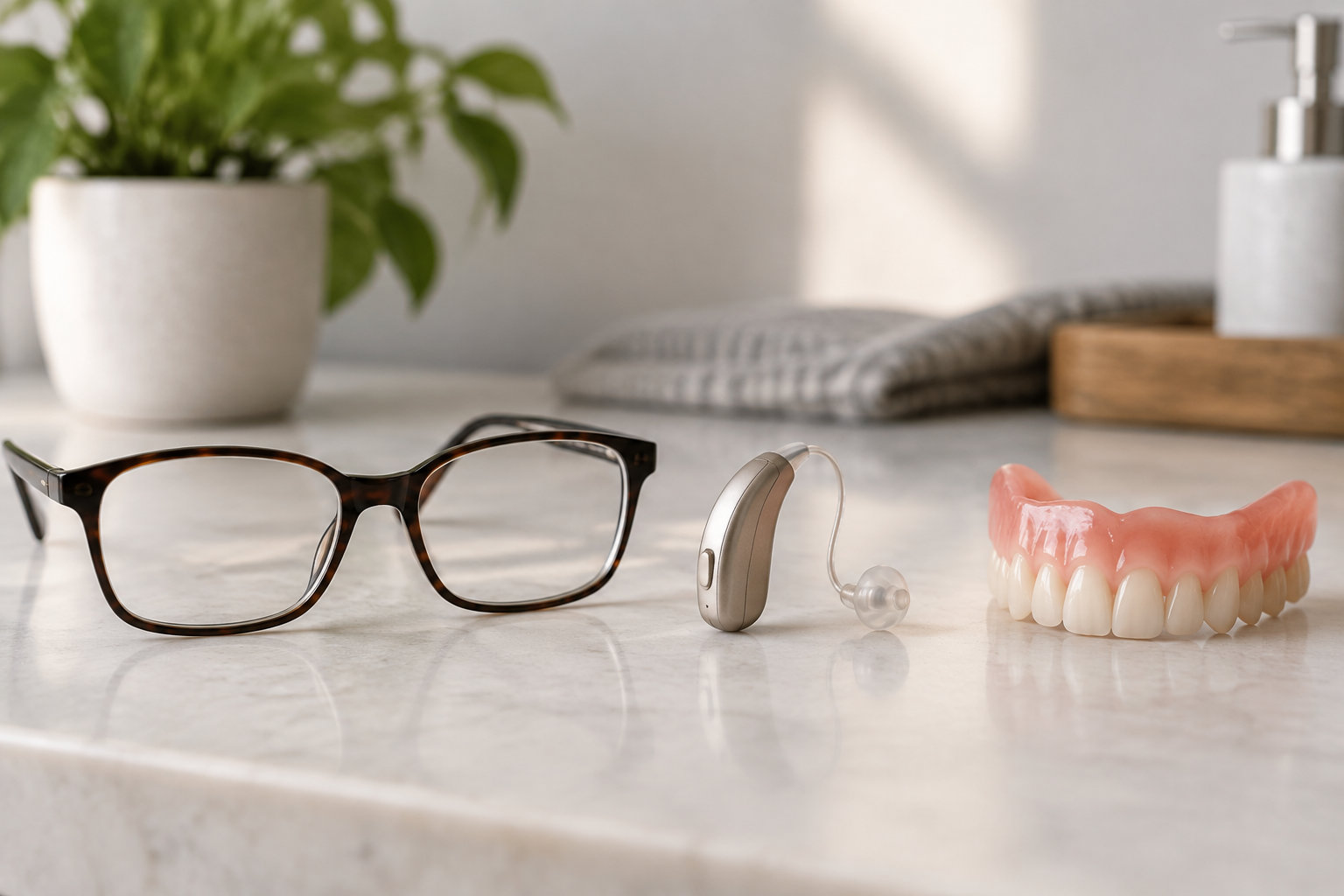 Une paire de lunettes, un appareil auditif et une prothèse dentaire sont posés sur un comptoir clair, avec une plante et un distributeur de savon en arrière-plan.