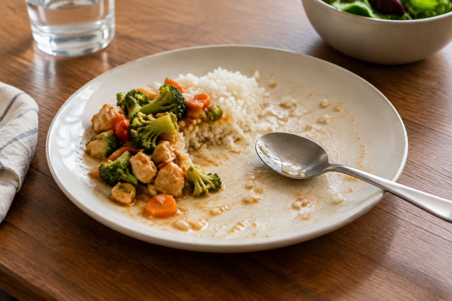 Une assiette contenant du riz et des morceaux de poulet avec des légumes est posée sur une table en bois, avec une cuillère, un verre d’eau et un bol de salade.