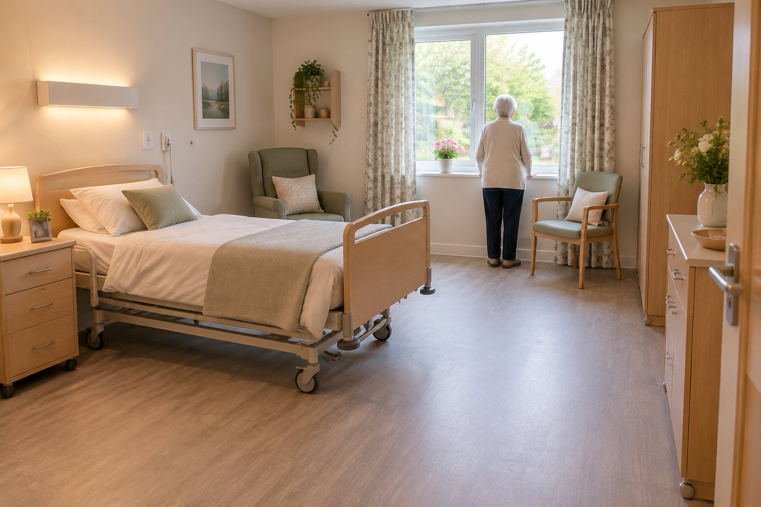 Une chambre aménagée avec un lit médicalisé, des fauteuils et des meubles en bois, où une personne âgée regarde par la fenêtre.
