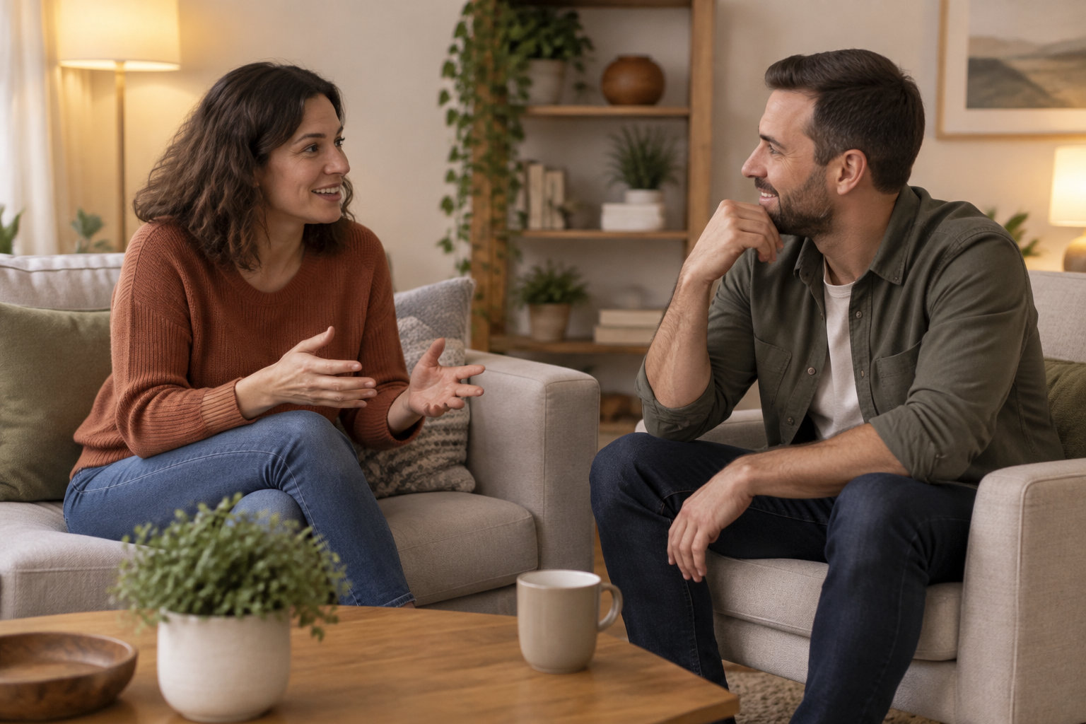 Une femme souriante parle en faisant des gestes à un homme qui l’écoute, assis en face d’elle dans un salon.