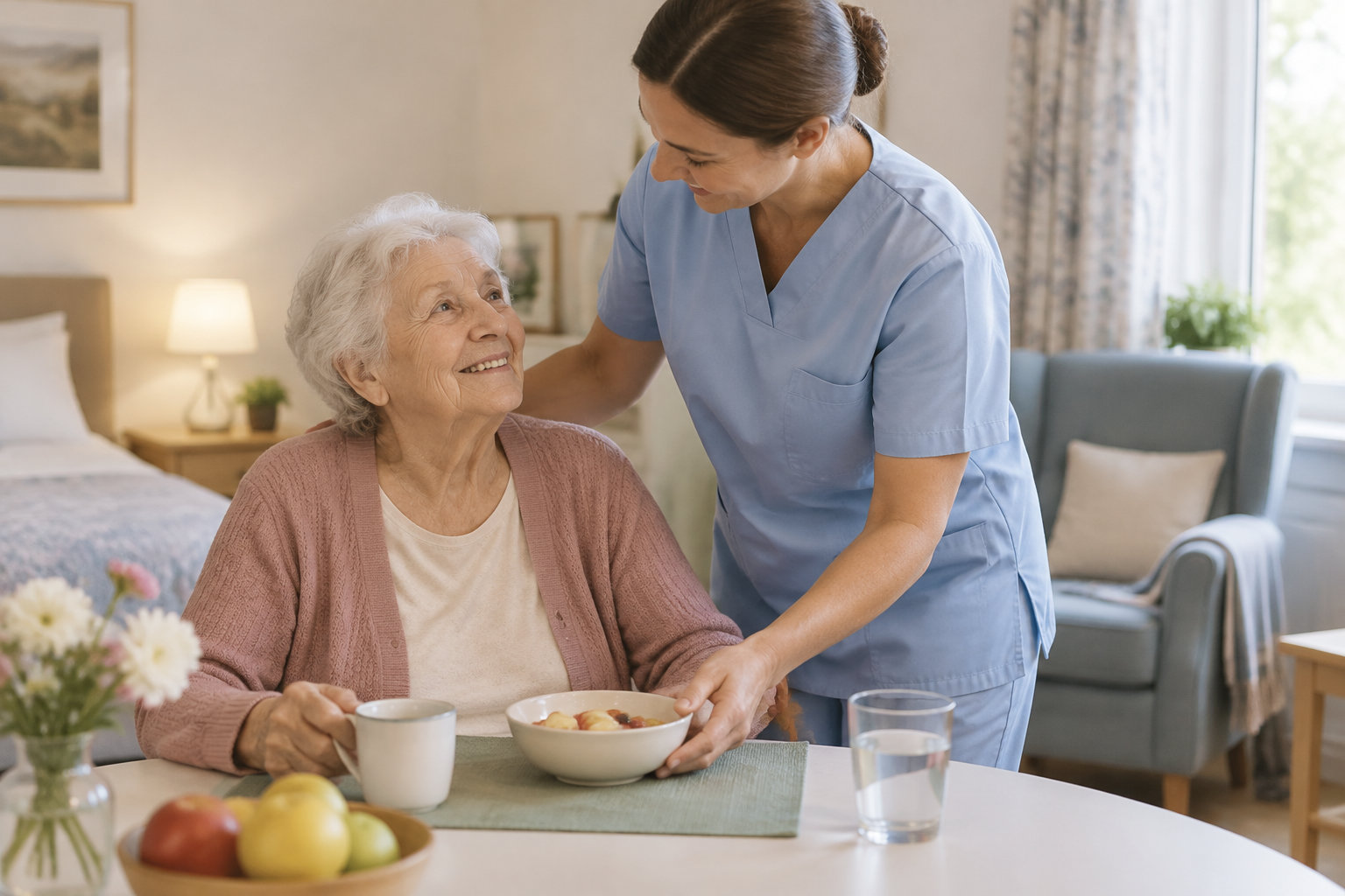 Une soignante en tenue bleue aide une femme âgée à prendre son petit-déjeuner dans une chambre lumineuse.