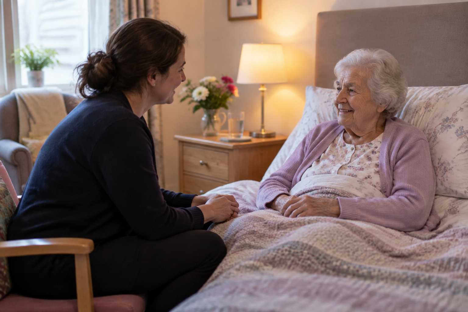 Une femme assise près du lit tient la main d’une femme âgée souriante, installée sous une couverture dans une chambre chaleureuse.