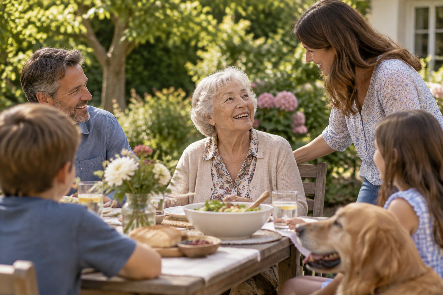 Une famille souriante partage un repas autour d’une table dans un jardin ensoleillé, avec un chien au premier plan.