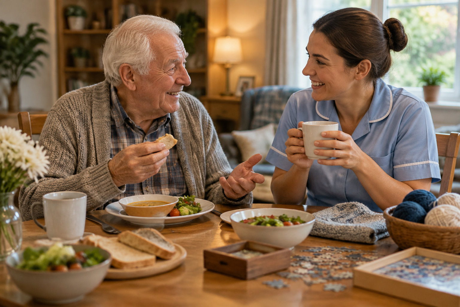 Un homme âgé et une femme en tenue bleue sourient et discutent autour d’un repas, tandis qu’un puzzle est posé sur la table.