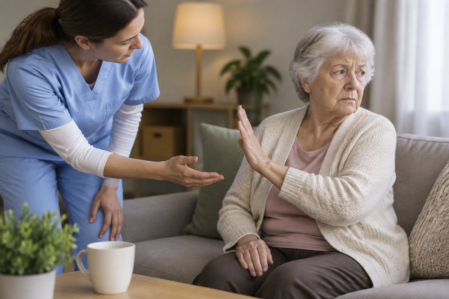 Une aide-soignante tend la main vers une femme âgée assise sur un canapé, qui lève la paume pour la repousser.
