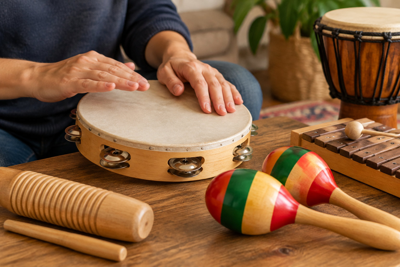 Une personne joue du tambourin devant plusieurs instruments de percussion disposés sur une table en bois.
