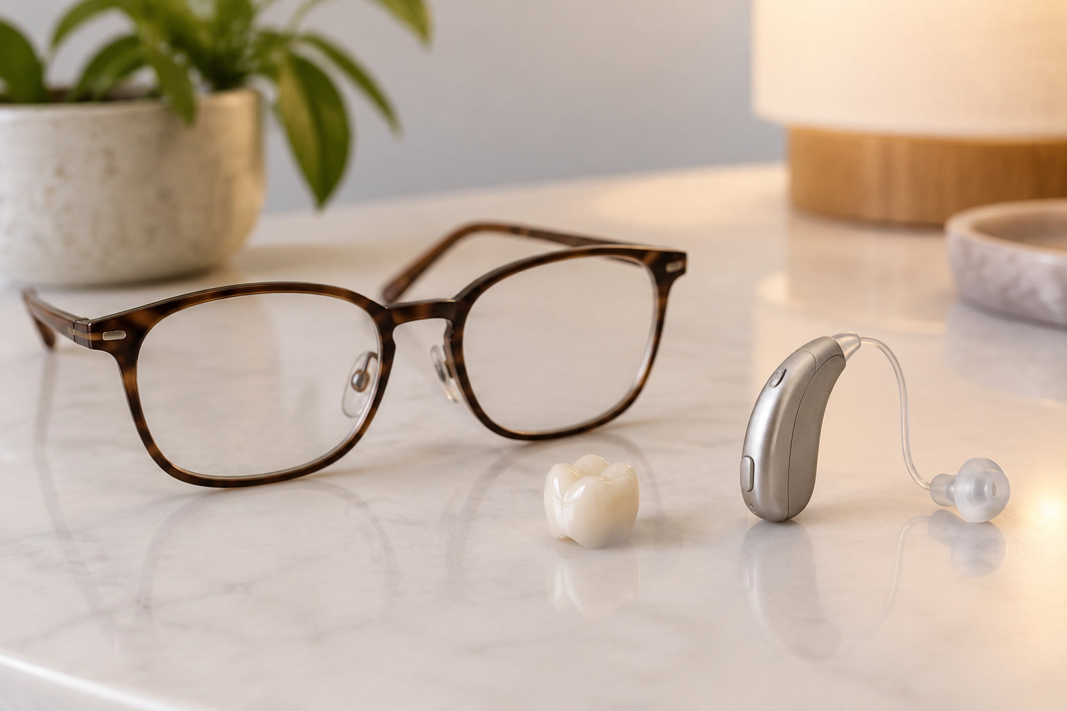 Des lunettes à monture brune, une prothèse dentaire et un appareil auditif sont posés sur une table claire, avec une plante et une lampe en arrière-plan.
