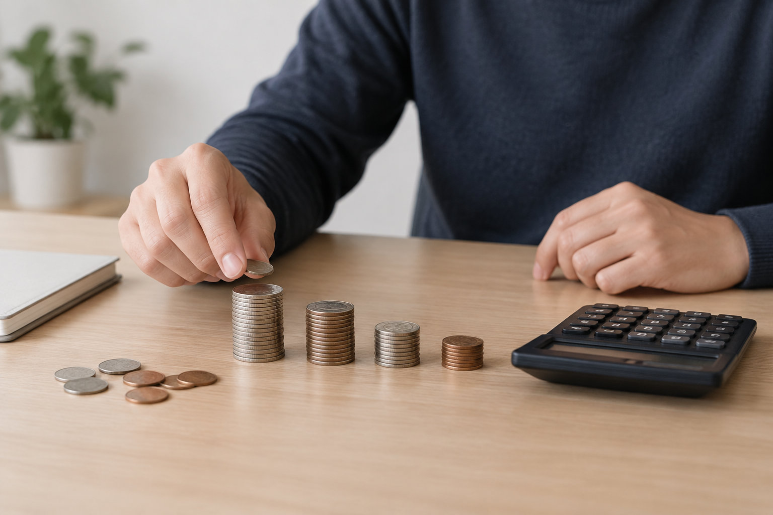 Une personne empile des pièces sur une table en bois, près d’une calculatrice, de pièces éparses et d’un cahier.