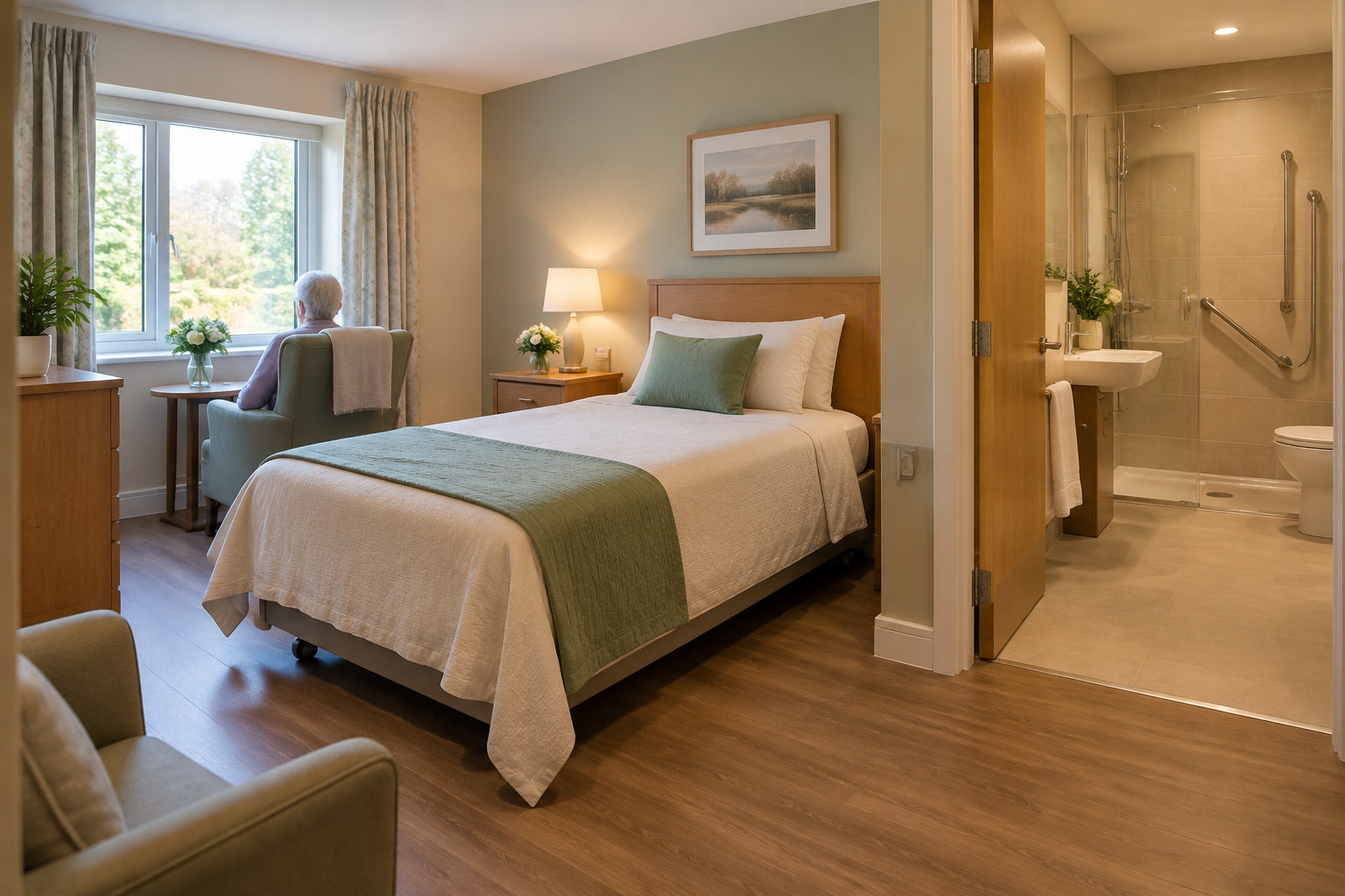 Une personne âgée est assise près d’une fenêtre dans une chambre aménagée, avec un lit, un fauteuil et une salle de bain attenante.