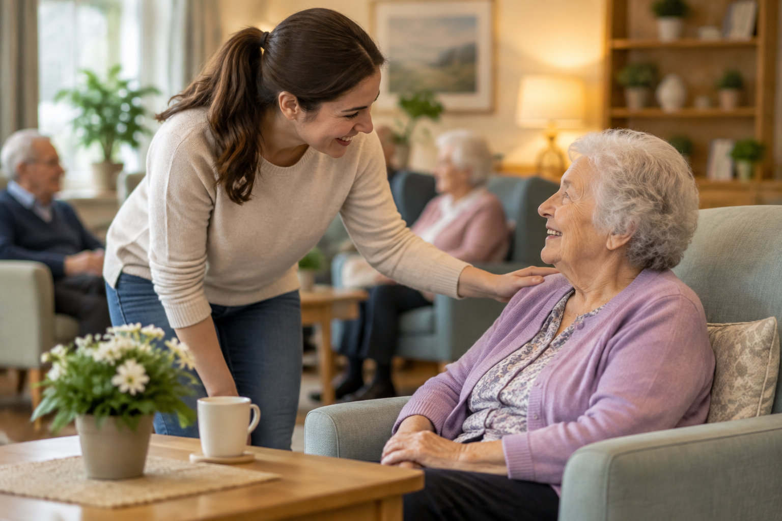 Une jeune femme souriante pose la main sur l’épaule d’une femme âgée assise dans un fauteuil, dans un salon où d’autres personnes sont installées.