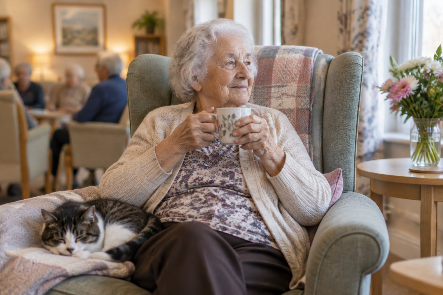Une femme âgée assise dans un fauteuil tient une tasse, tandis qu’un chat dort sur une couverture à ses côtés.