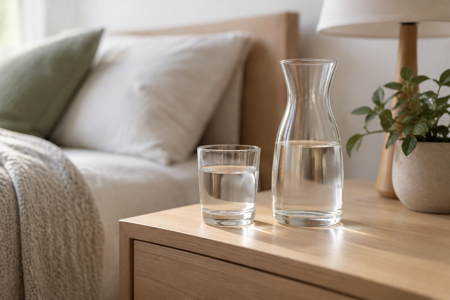 Un verre et une carafe d’eau sont posés sur une table basse en bois, devant un canapé, une lampe et une plante.