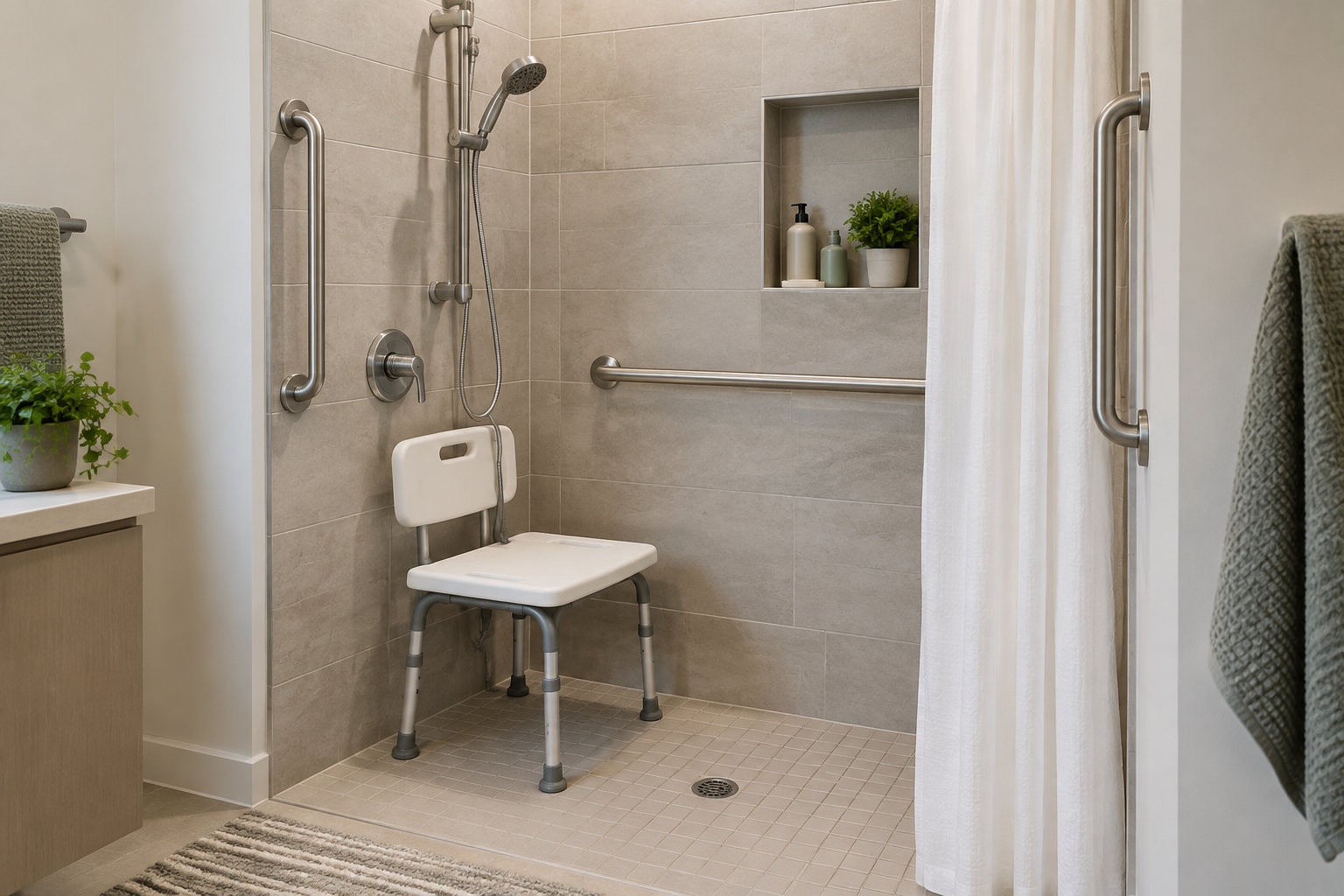 Une douche à l’italienne carrelée est équipée d’un siège rabattable, de barres d’appui, d’une douchette et d’un rideau blanc.