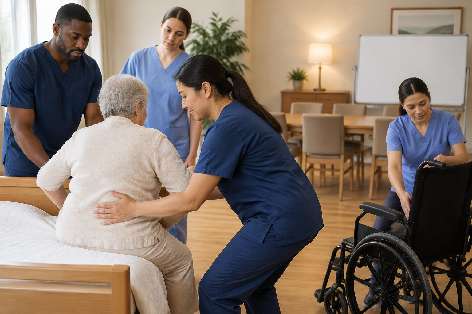 Des soignants en tenue bleue aident une personne âgée à se lever du lit, tandis qu’une collègue se tient près d’un fauteuil roulant dans une salle de soins.