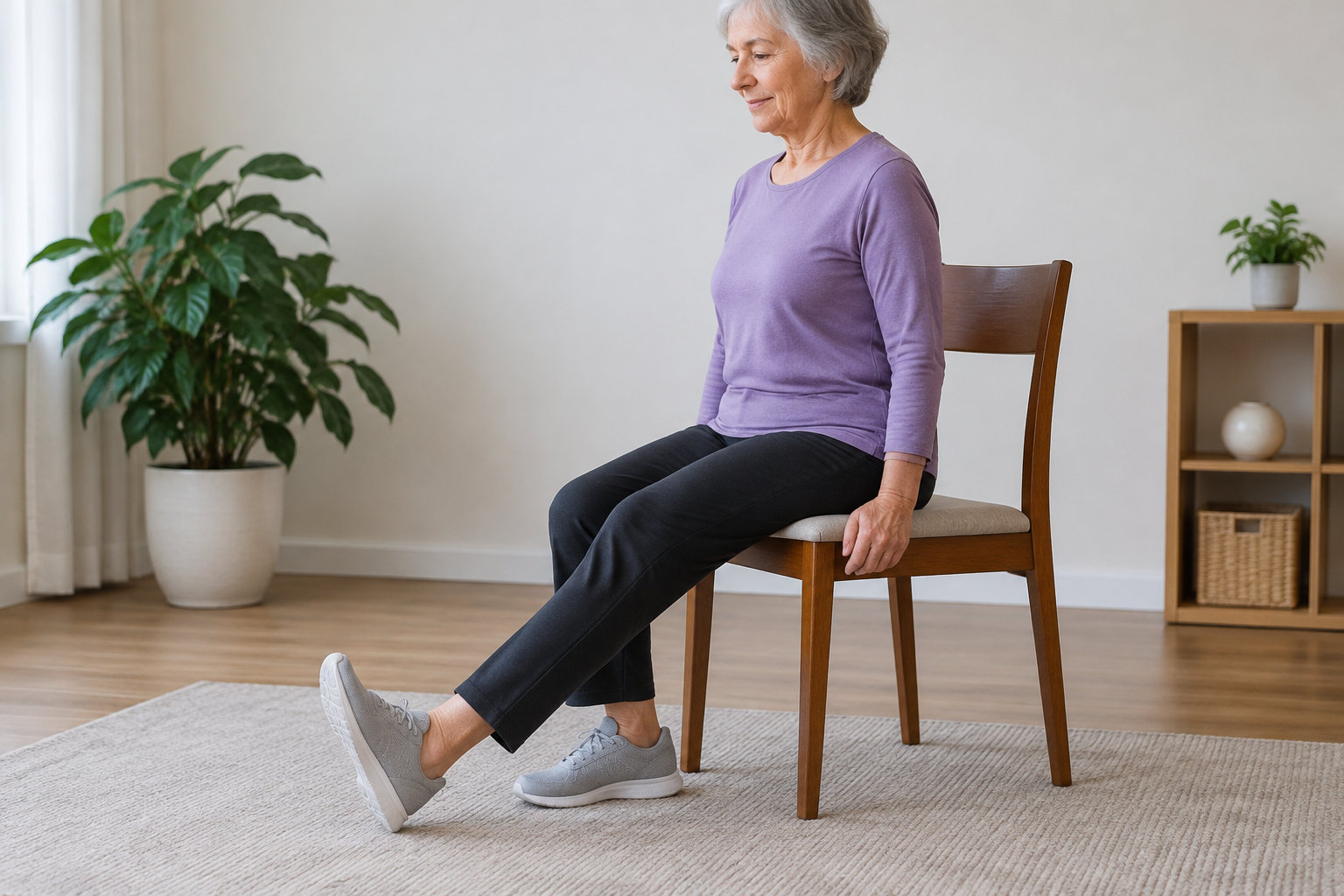 Une femme âgée assise sur une chaise tend une jambe devant elle, dans un salon lumineux.