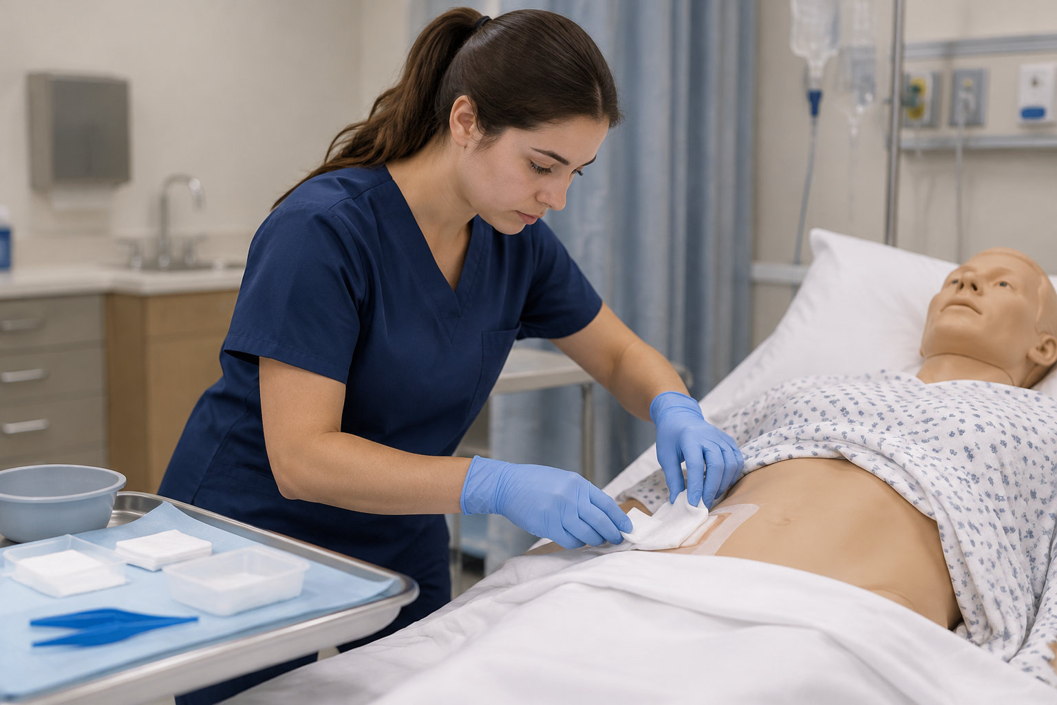 Une soignante en blouse bleue et gants s’occupe d’un pansement sur l’abdomen d’un mannequin allongé dans un lit, avec du matériel médical sur un plateau à côté.