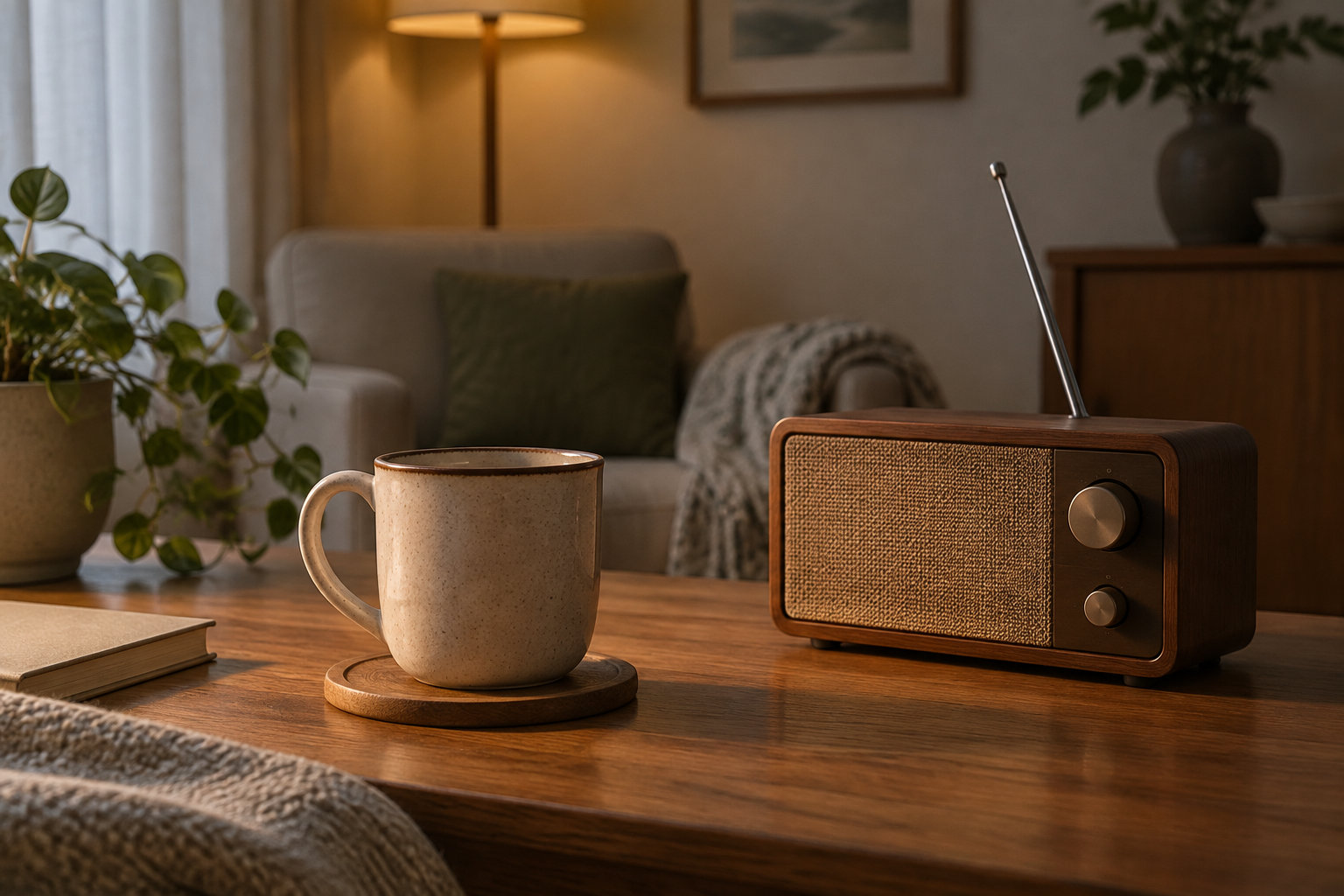 Une tasse en céramique posée sur un dessous-de-plat et une radio en bois se trouvent sur une table basse, dans un salon chaleureux.