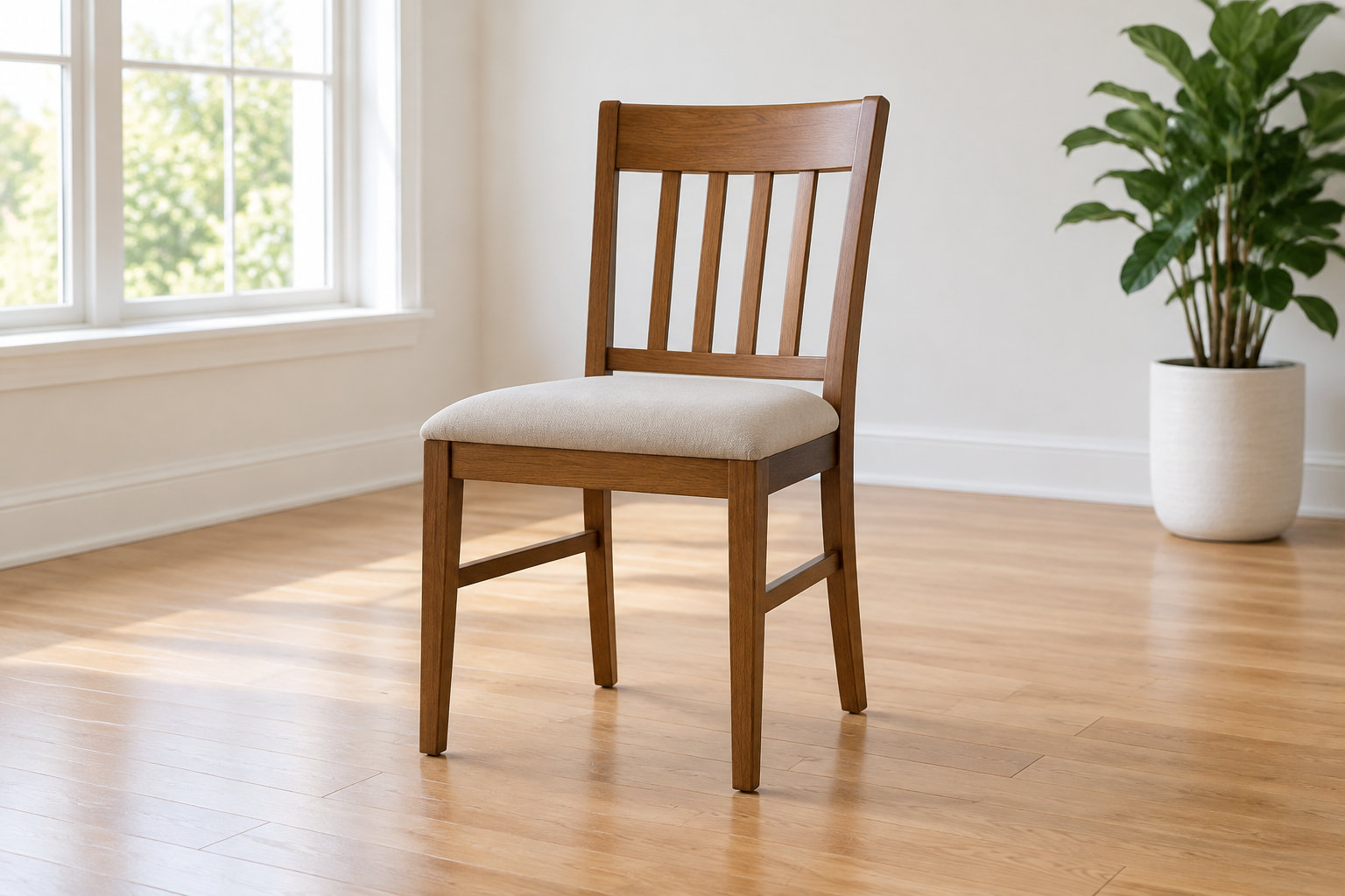 Une chaise en bois avec une assise rembourrée se trouve dans une pièce lumineuse, près d’une fenêtre et d’une plante en pot.