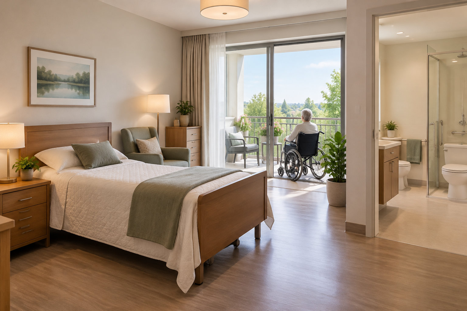 Une chambre aménagée avec un lit, un fauteuil et une salle de bains attenante, tandis qu’une personne en fauteuil roulant regarde par la baie vitrée vers un balcon verdoyant.