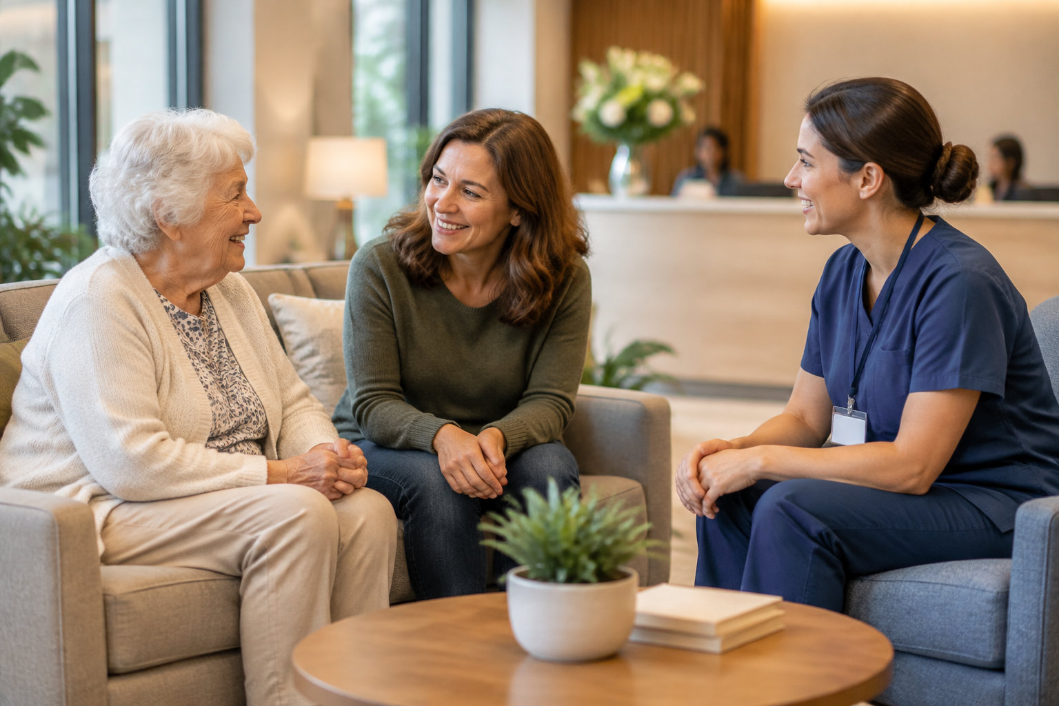 Une infirmière en tenue médicale discute avec une femme âgée et une autre femme assises sur des fauteuils dans un salon lumineux.