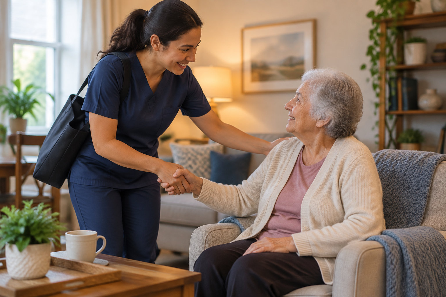 Une soignante souriante, vêtue d’une tenue bleu marine et portant un sac, serre la main d’une femme âgée assise dans un fauteuil, dans un salon lumineux.