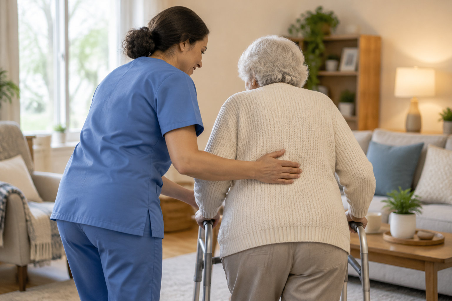 Une soignante en tenue bleue soutient une femme âgée qui marche avec un déambulateur dans un salon.