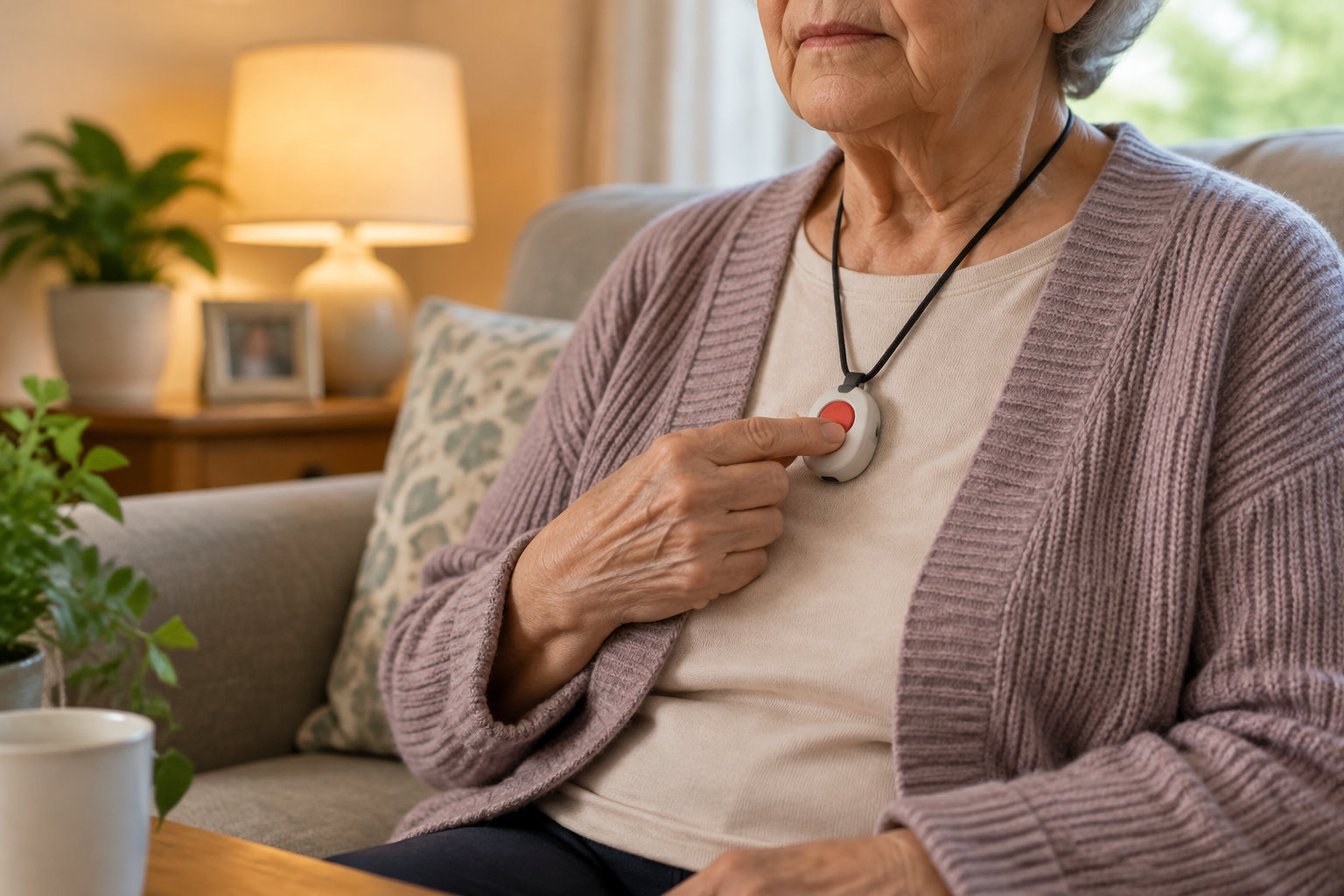 Une femme âgée assise dans un fauteuil appuie sur le bouton rouge d’un médaillon porté autour du cou.