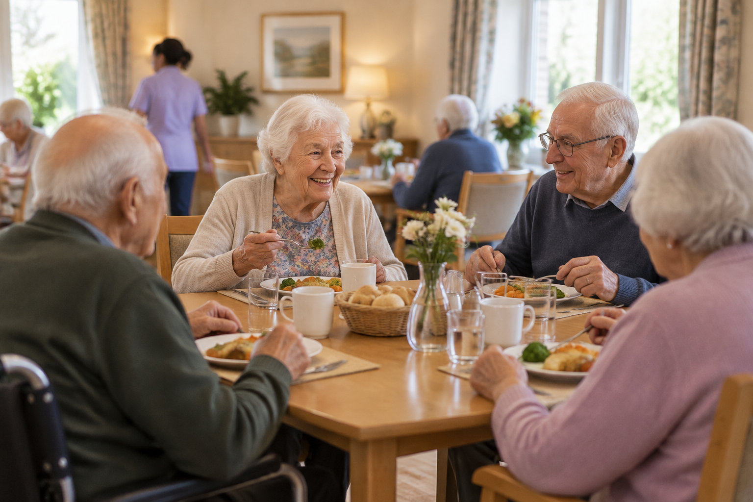 Plusieurs personnes âgées prennent un repas ensemble autour d’une table dans une salle lumineuse.