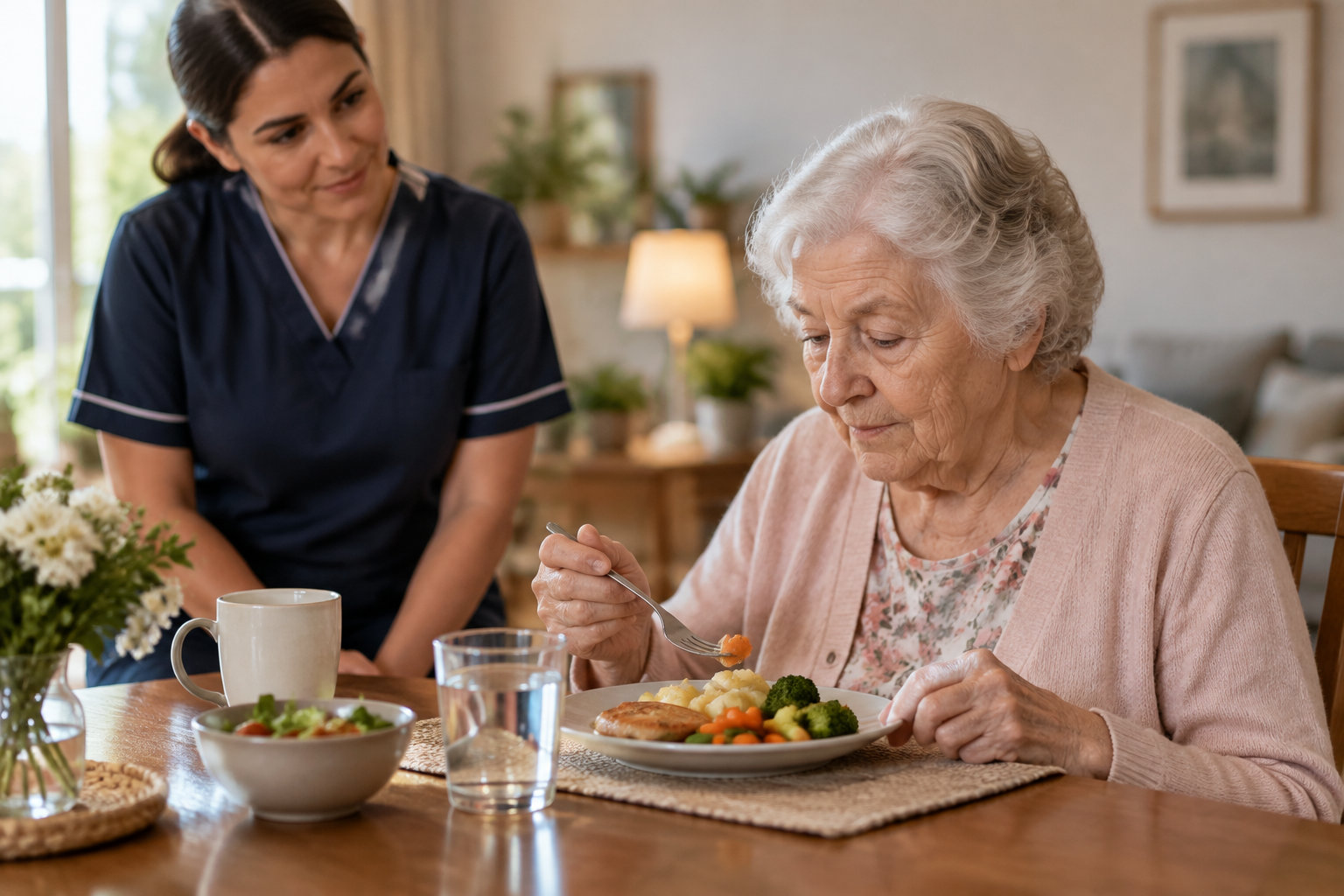 Une aide-soignante observe une femme âgée qui mange un repas à table.