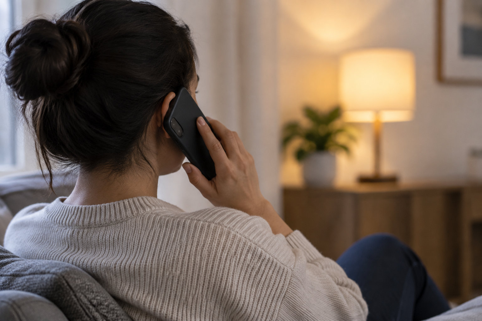 Une femme assise sur un canapé tient un téléphone contre son oreille dans un salon éclairé par une lampe.