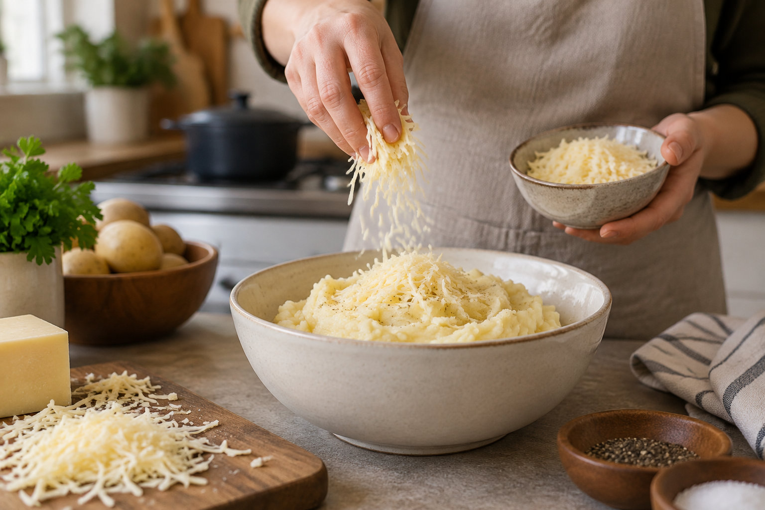 Une personne saupoudre du fromage râpé sur un bol de purée, dans une cuisine.
