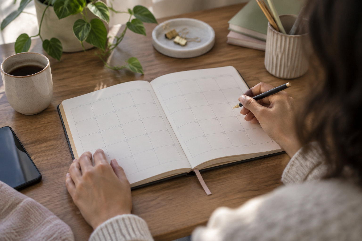 Une personne tient un crayon au-dessus d’un agenda ouvert sur une table en bois, près d’une tasse de café, d’un téléphone et d’une plante.