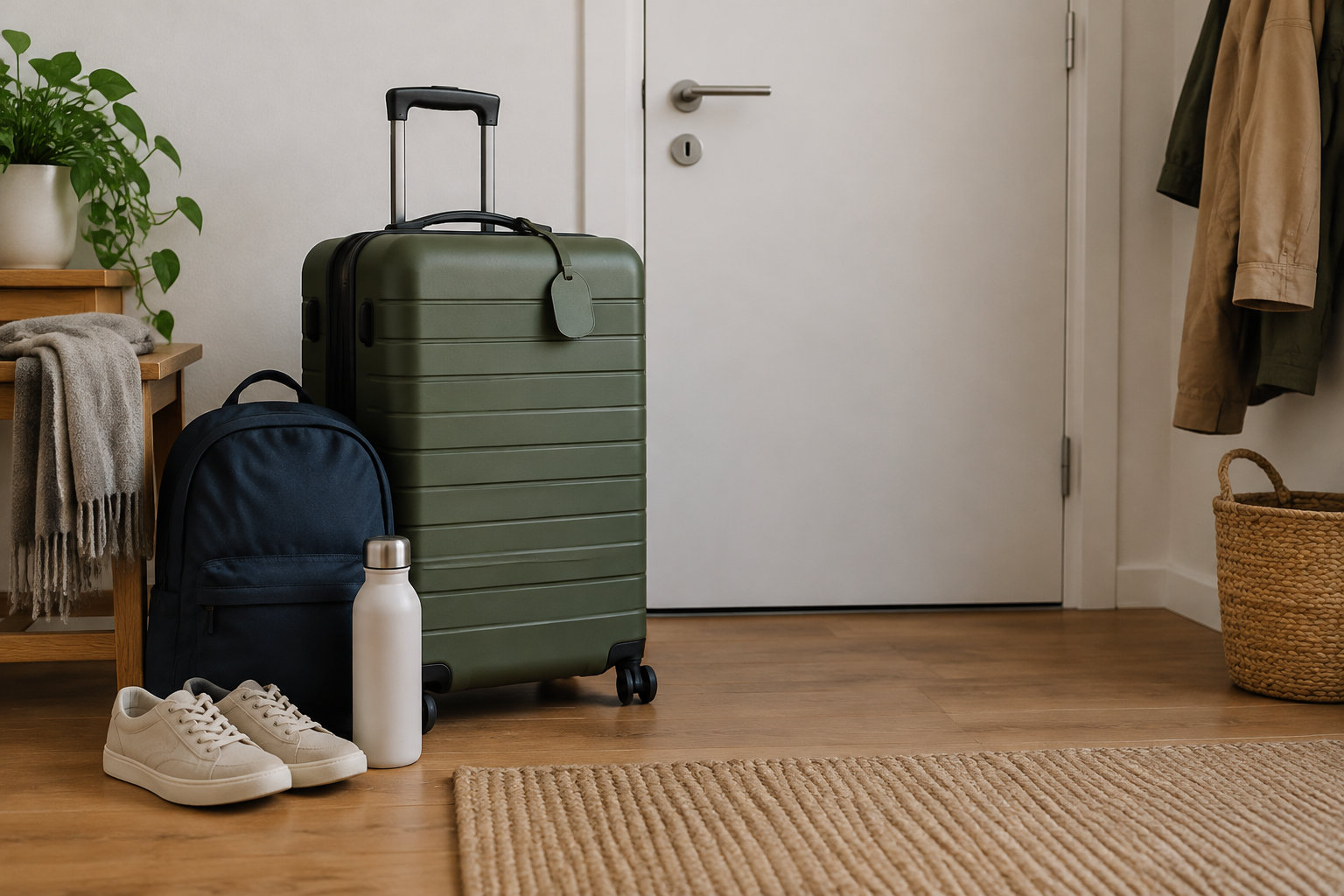 Une valise verte, un sac à dos, une gourde et une paire de chaussures sont posés près d’une porte d’entrée.