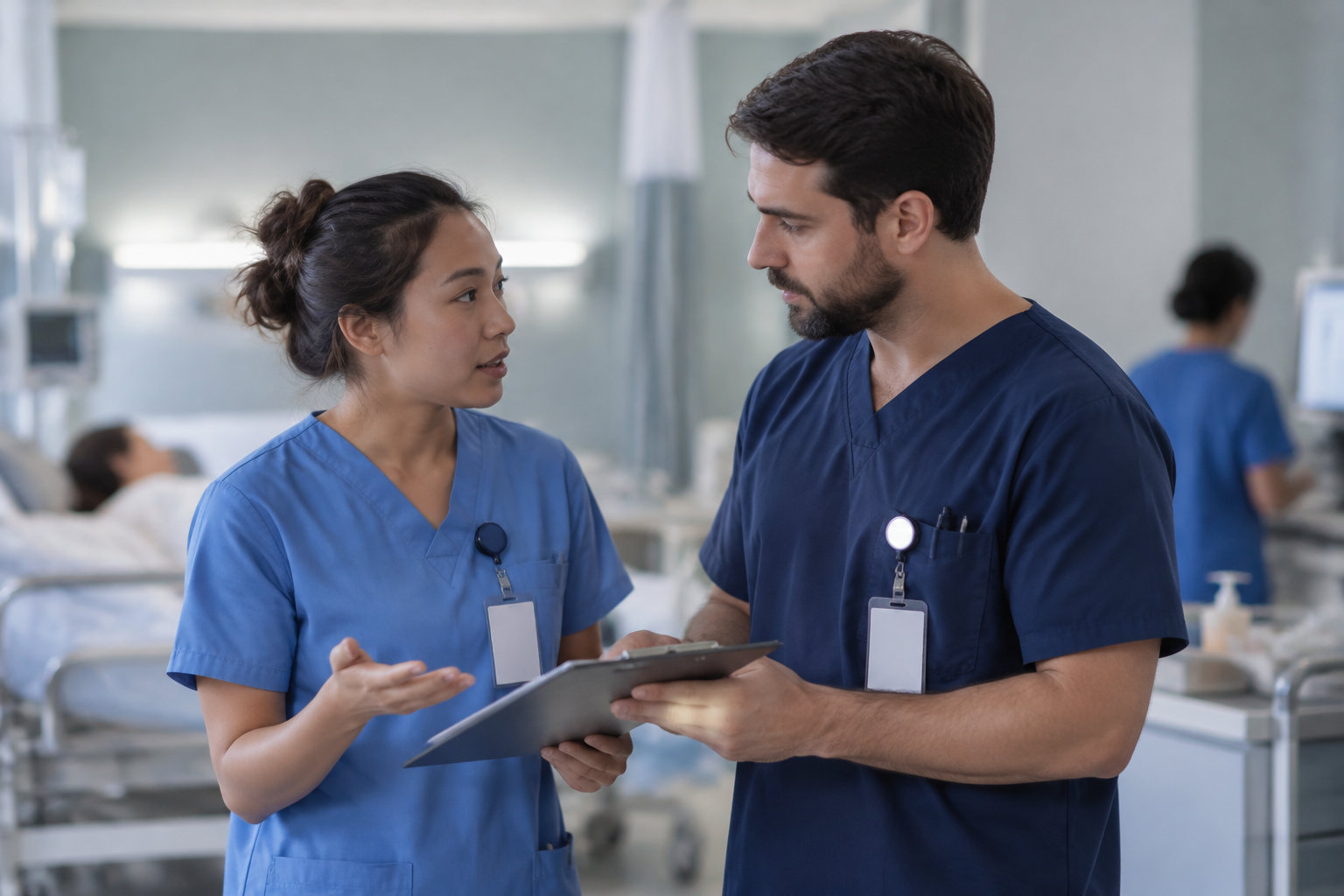 Deux soignants en blouse bleue échangent devant un patient alité, tandis que l’un tient une tablette et qu’un autre membre du personnel se trouve à l’arrière-plan.