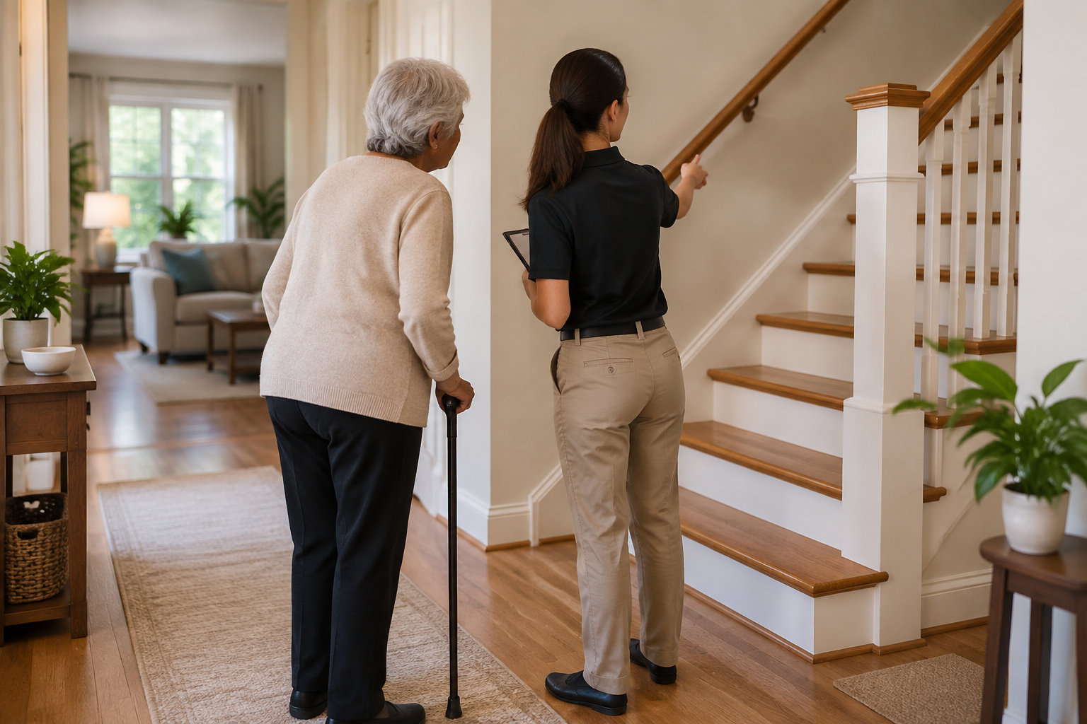 Une femme âgée appuyée sur une canne écoute une autre femme qui lui indique un escalier dans une maison lumineuse.