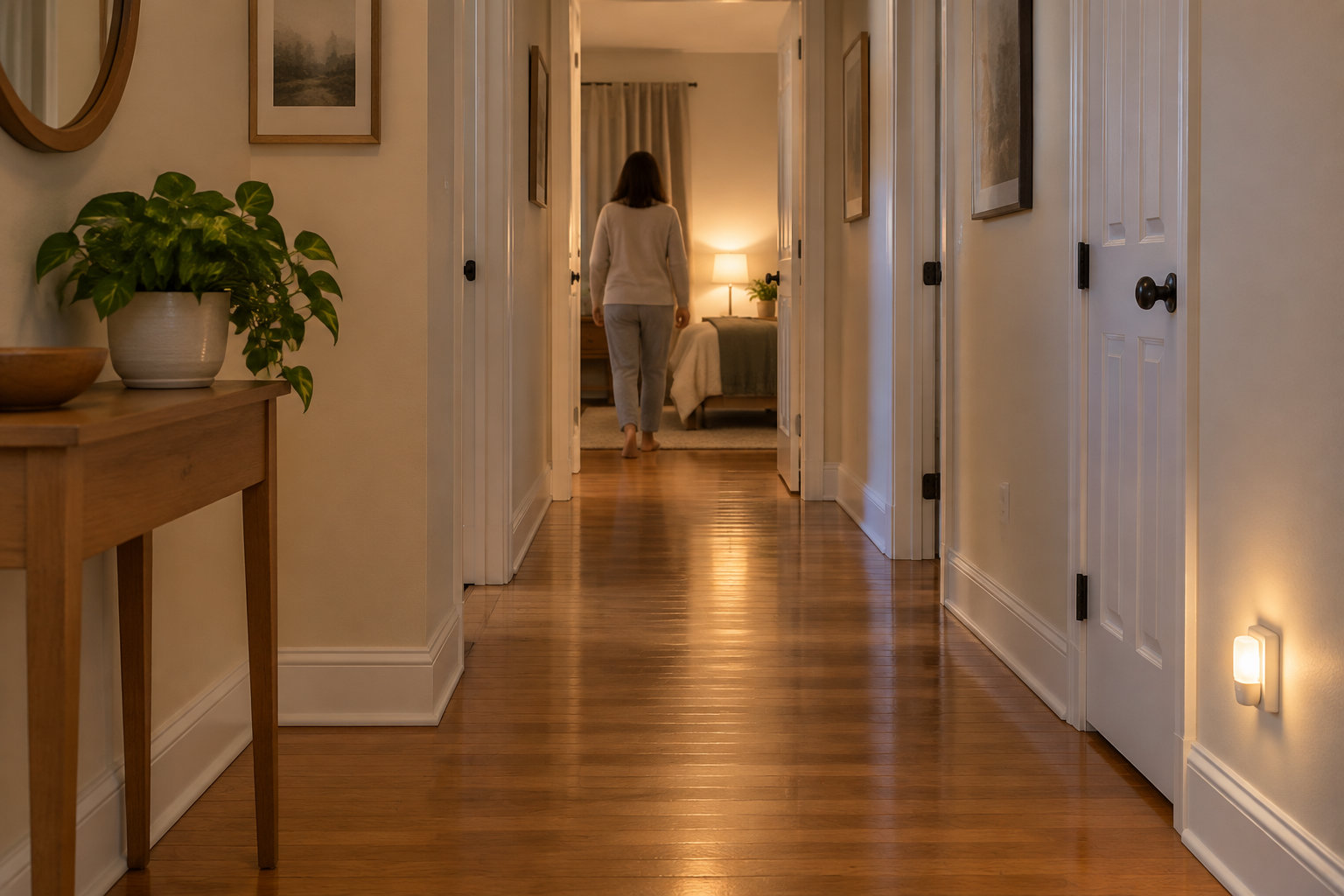 Une personne marche dans un couloir éclairé par des veilleuses, en direction d’une chambre où une lampe est allumée.
