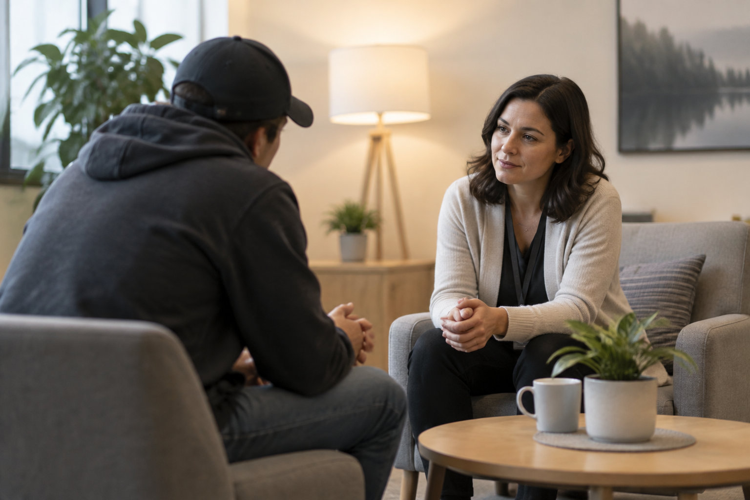 Une femme assise dans un fauteuil écoute un homme portant une casquette, dans un salon avec une table basse, une tasse et des plantes.