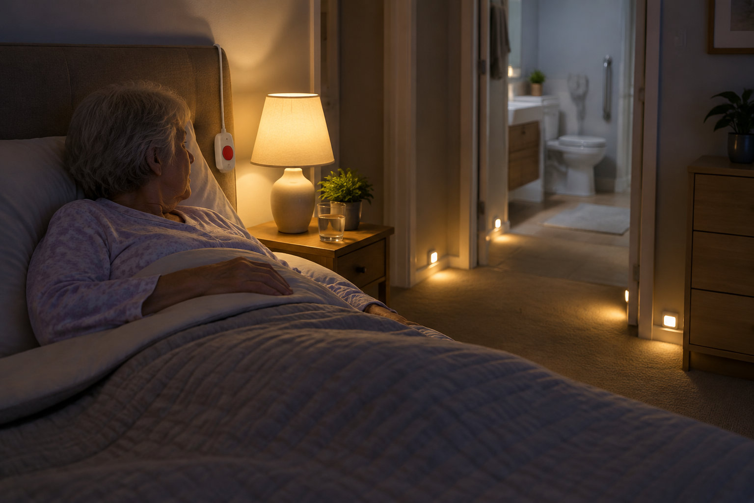 Une femme âgée est allongée dans un lit près d’une lampe de chevet, tandis que des veilleuses éclairent le couloir menant à une salle de bains.