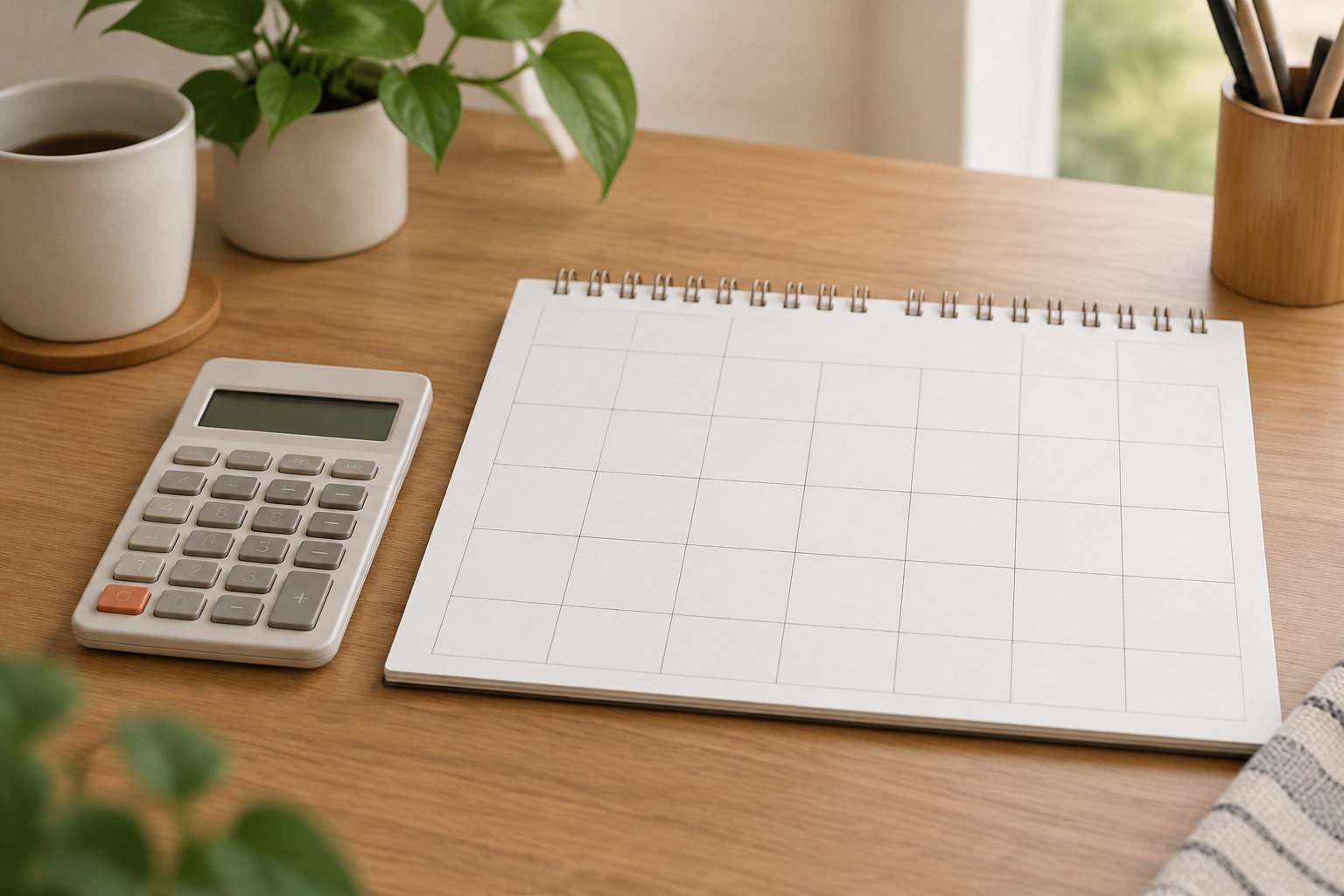 Un carnet quadrillé vierge et une calculatrice sont posés sur un bureau en bois, près d’une tasse, d’une plante et d’un pot à crayons.