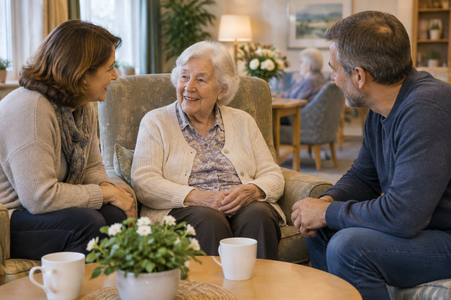 Une femme âgée souriante est assise entre une femme et un homme qui discutent avec elle dans un salon, autour d’une table basse avec des tasses et une plante.