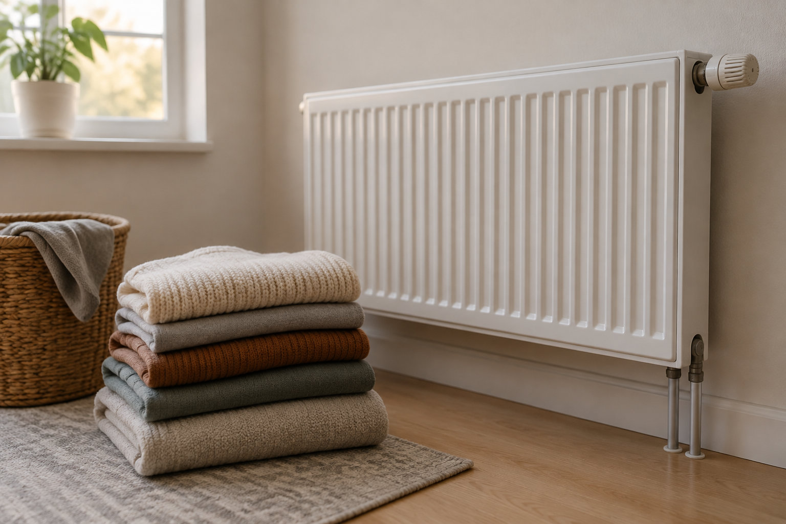 Un radiateur blanc est fixé au mur, à côté d’une pile de couvertures pliées et d’un panier en osier, dans une pièce éclairée par une fenêtre.