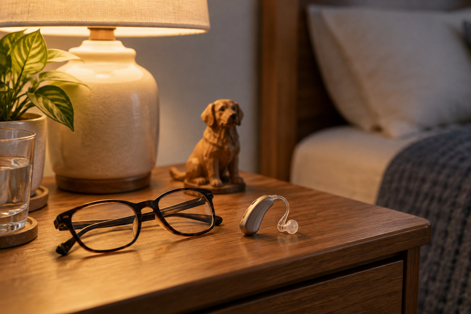 Une paire de lunettes et un appareil auditif reposent sur une table de chevet en bois, près d’une lampe, d’un verre d’eau et d’une plante.