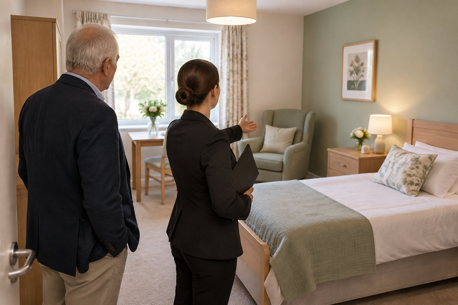Une femme en tailleur présente une chambre aménagée à un homme âgé, près d’un lit, d’un fauteuil et d’une fenêtre.