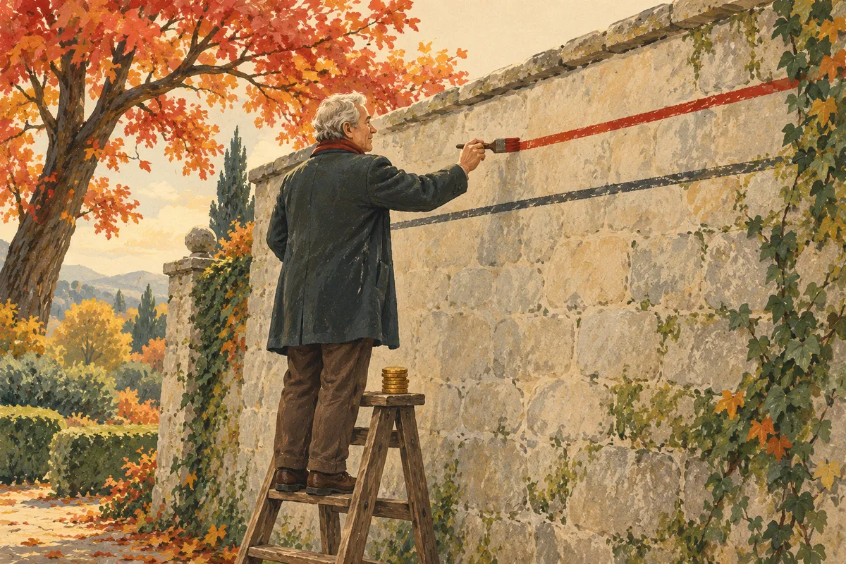 Illustration à la gouache : un homme aux cheveux gris, debout sur un escabeau en bois, repeint un peu plus haut une ligne rouge tracée sur un haut mur de pierre ; une petite pile de pièces est posée sur la marche de l'escabeau, un arbre d'automne encadre la scène.