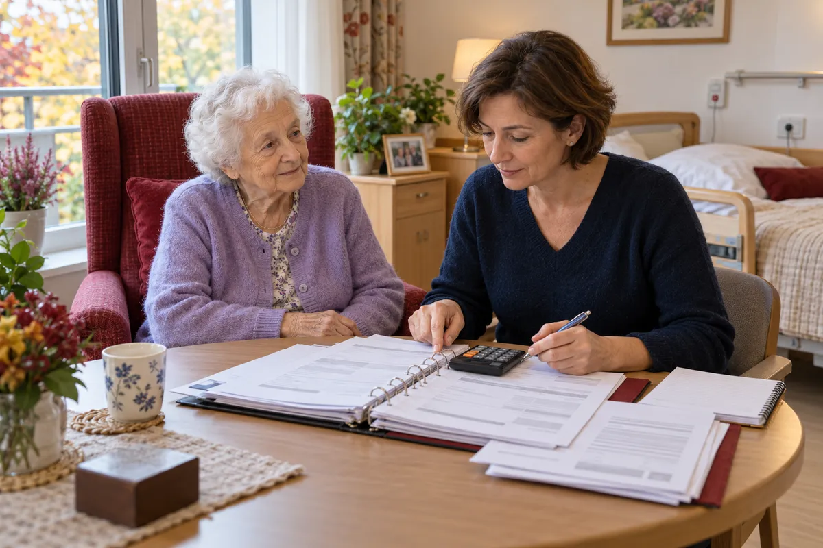 Dans une chambre d’Ehpad lumineuse, une femme âgée aux cheveux blancs, en gilet lilas, assise dans un fauteuil bordeaux, regarde sa fille qui consulte un classeur de factures avec une calculatrice sur une petite table ronde.
