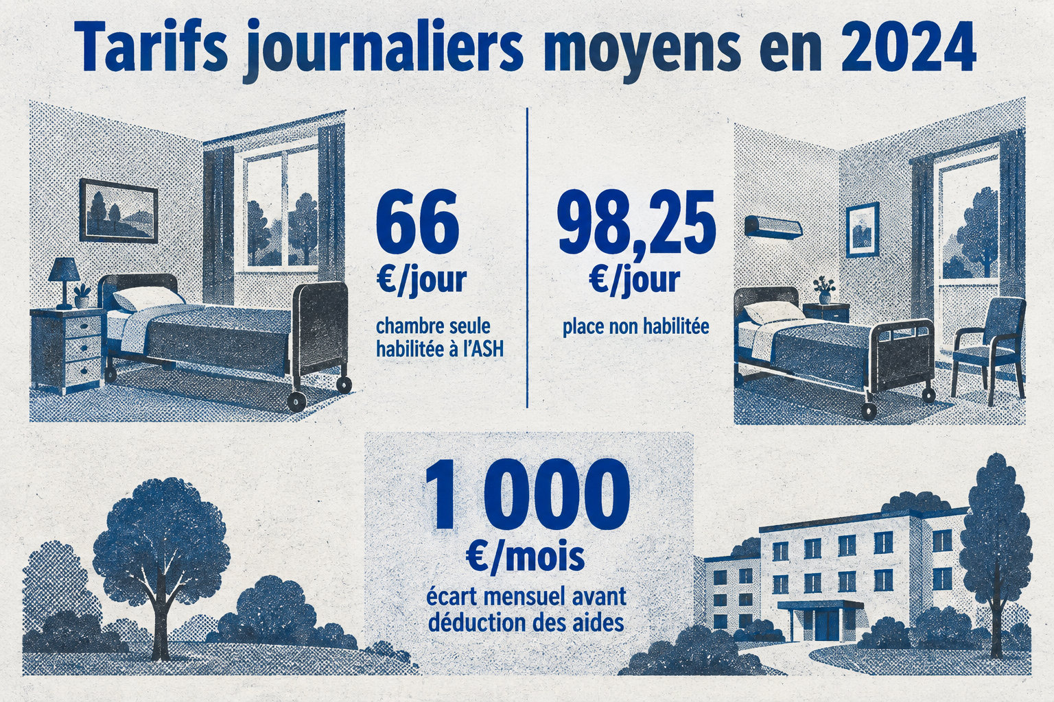 En 2024, une chambre seule habilitée à l’ASH coûte en moyenne 66 €/jour, contre 98,25 €/jour pour une place non habilitée, soit un écart mensuel proche de 1 000 € avant déduction des aides.