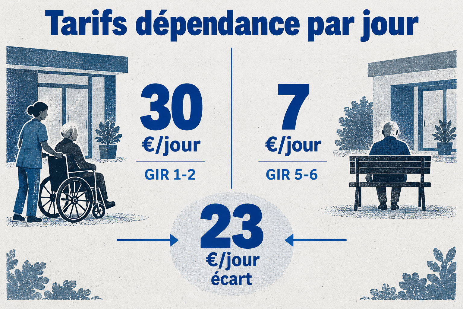 Le tarif dépendance est de 30 €/jour pour le GIR 1-2 et de 7 €/jour pour le GIR 5-6, soit un écart de 23 €/jour.