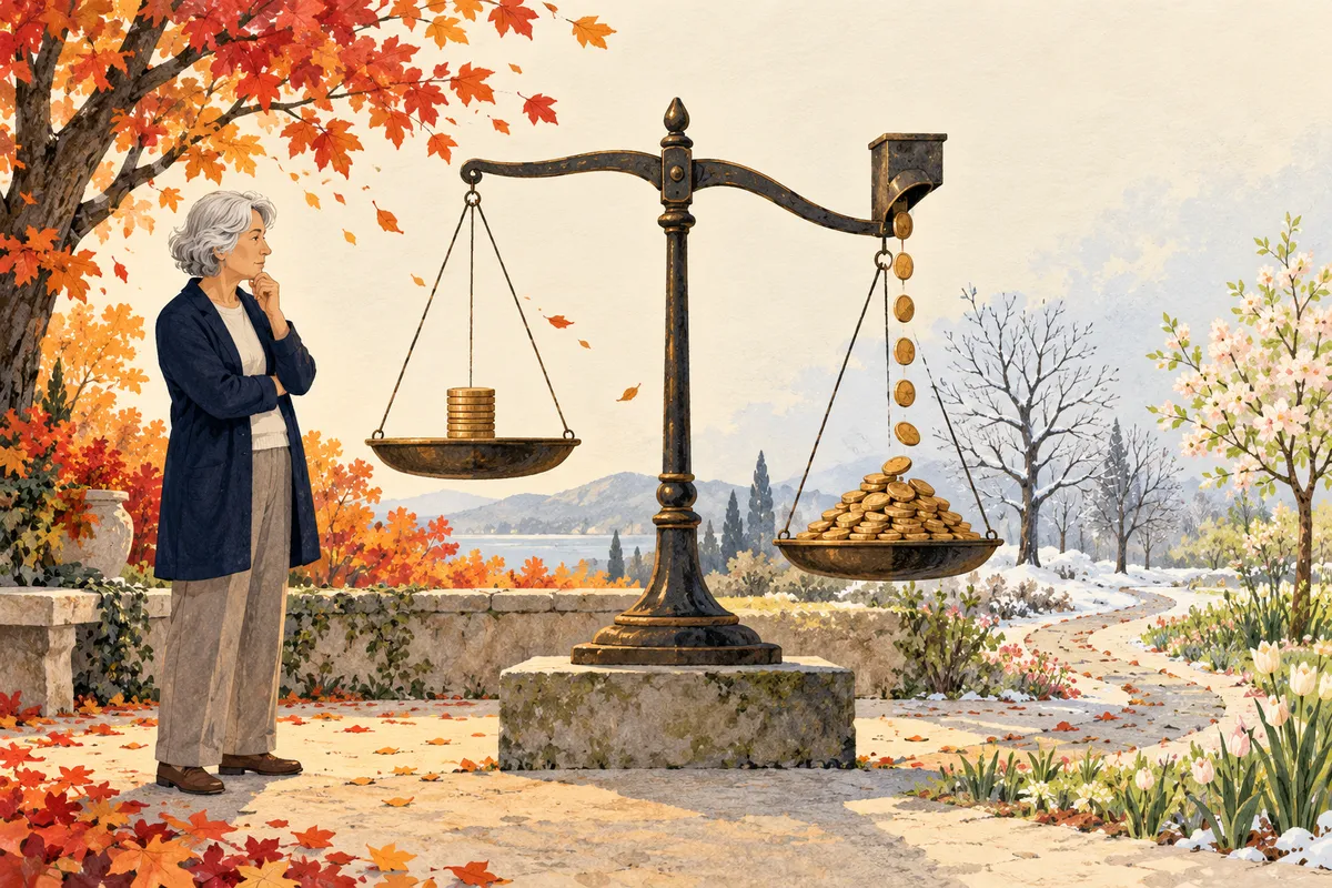 Illustration à la gouache : une femme aux cheveux gris, la main au menton, observe une grande balance ancienne dans un jardin ; sur un plateau, une petite pile de pièces, sur l'autre, des pièces qui tombent une à une au fil des saisons, des arbres d'automne aux arbres enneigés puis en fleurs.