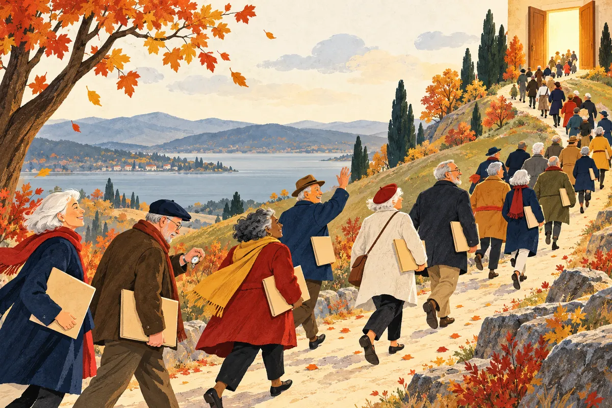 Illustration à la gouache : une longue file d’hommes et de femmes aux cheveux gris, dossier beige sous le bras, monte un chemin de colline bordé d’arbres d’automne vers une grande porte en bois ouverte et lumineuse ; l’un salue, un autre consulte une montre de poche.