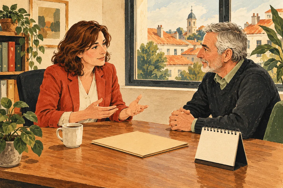 Illustration à la gouache : une responsable d'environ 45 ans et un salarié d'environ 62 ans aux cheveux gris discutent face à face de part et d'autre d'un bureau, avec un dossier et un calendrier.